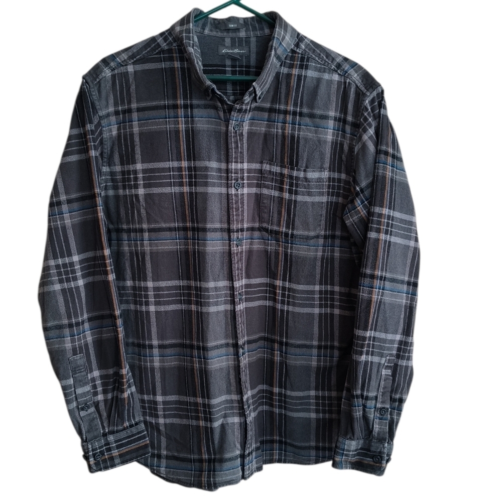 Eddie Bauer Gray Plaid Flannel Casual Shirt Size XL
